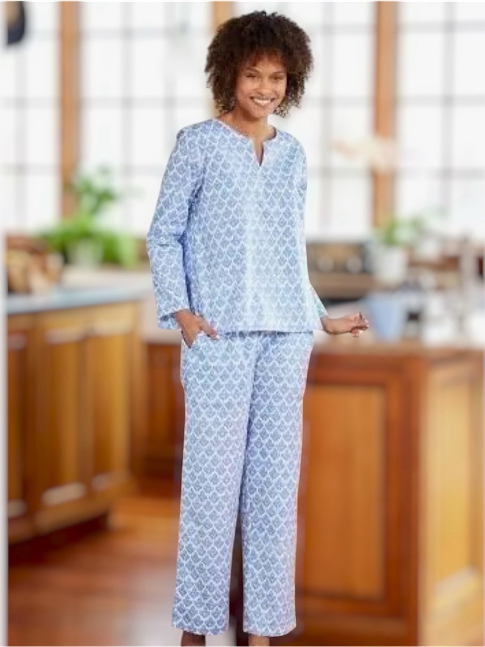 Ella Simone Floral Block-Print 100% Woven Cotton Pajama Set White Periwinkle 1X